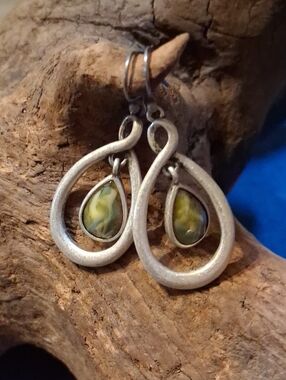 Vintage Silver-Tone Earrings with Green Marbled Teardrops